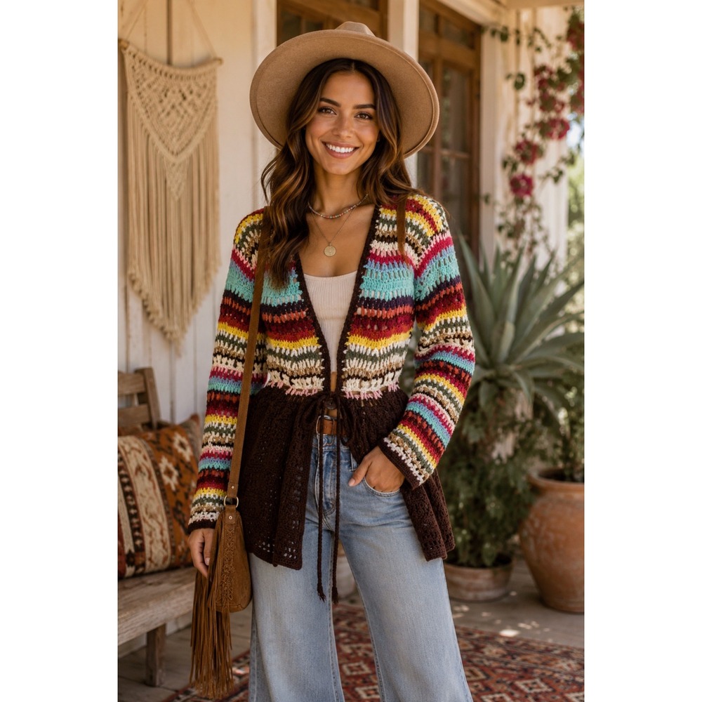 BOSTON PROPER Rainbow Crochet Knit Cardigan‎ Tie Waist Open Front Long Sleeve M
